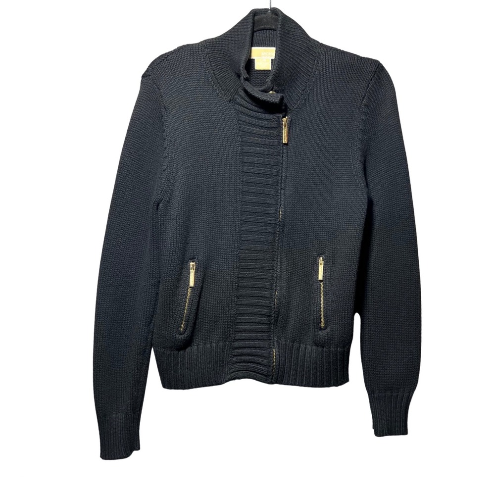 Michael Kors Black Full Zip Mock Neck Knit Cardigan Sweater Gold Hardware Large